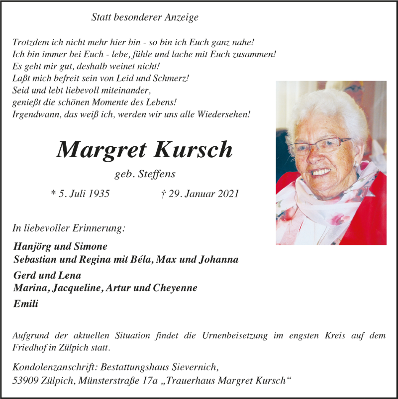  Traueranzeige für Margret Kursch vom 13.02.2021 aus  Blickpunkt Euskirchen 
