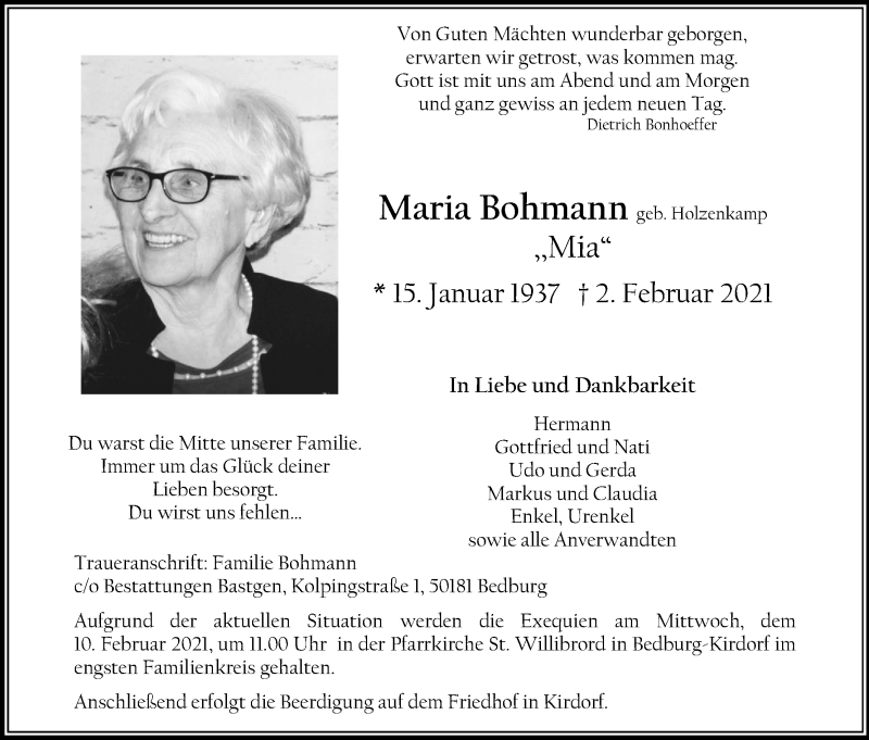  Traueranzeige für Maria Bohmann vom 06.02.2021 aus Kölner Stadt-Anzeiger / Kölnische Rundschau / Express
