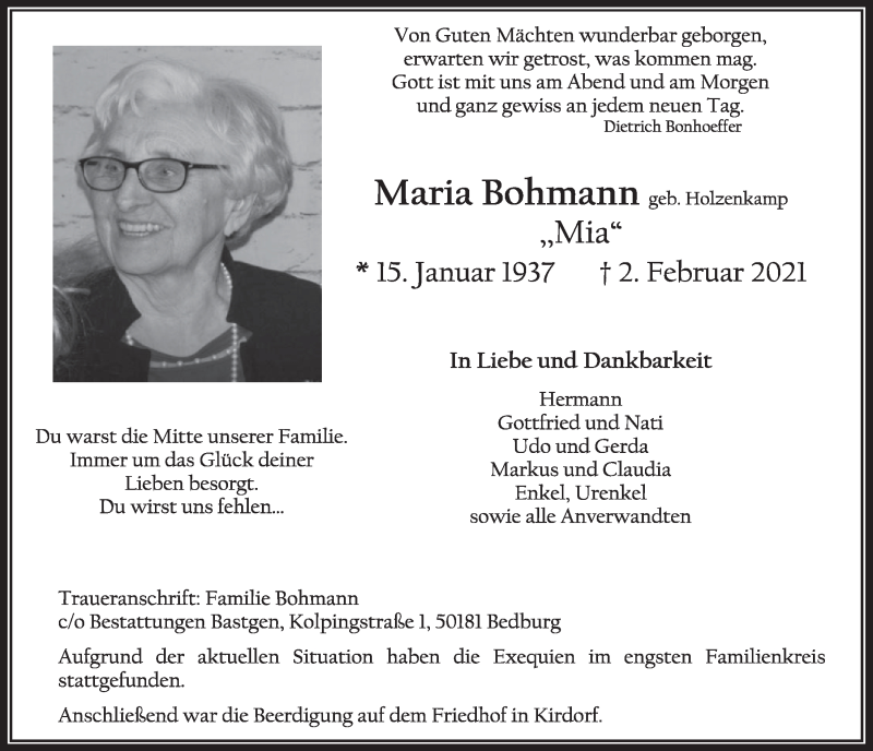  Traueranzeige für Maria Bohmann vom 12.02.2021 aus  Werbepost 