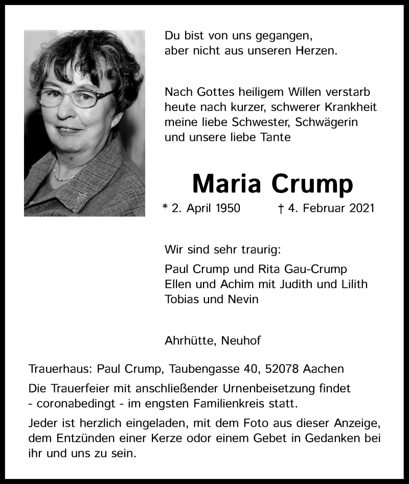  Traueranzeige für Maria Crump vom 10.02.2021 aus Kölner Stadt-Anzeiger / Kölnische Rundschau / Express