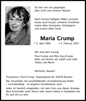 Anzeige von Maria Crump von Kölner Stadt-Anzeiger / Kölnische Rundschau / Express