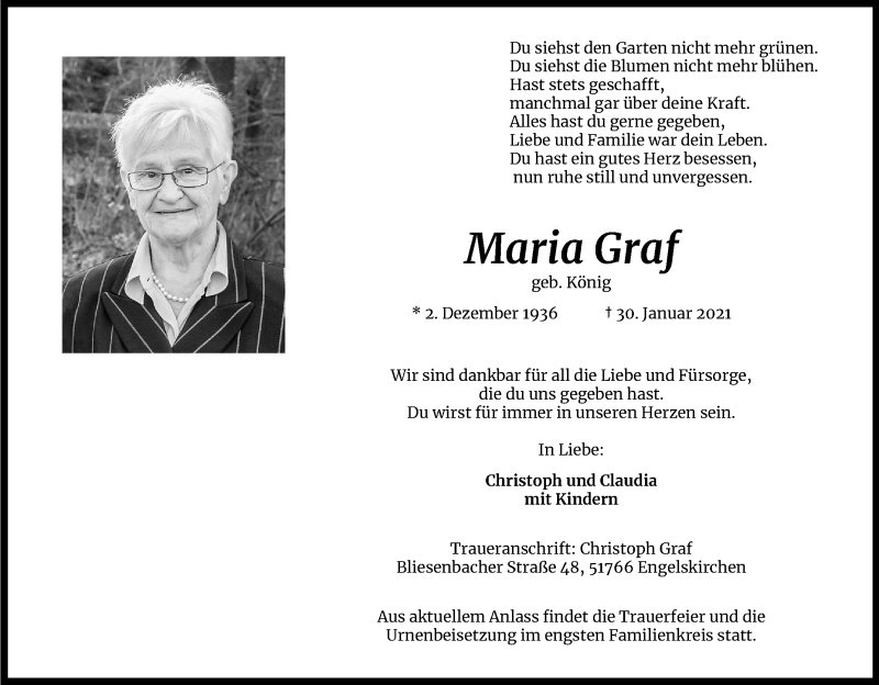  Traueranzeige für Maria Graf vom 06.02.2021 aus Kölner Stadt-Anzeiger / Kölnische Rundschau / Express