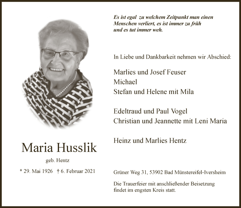  Traueranzeige für Maria Husslik vom 27.02.2021 aus  Blickpunkt Euskirchen 
