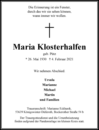Anzeige von Maria Klosterhalfen von  Extra Blatt 