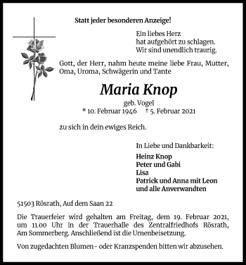 Anzeige von Maria Knop von Kölner Stadt-Anzeiger / Kölnische Rundschau / Express