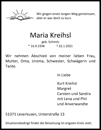 Anzeige von Maria Kreihsl von Kölner Stadt-Anzeiger / Kölnische Rundschau / Express