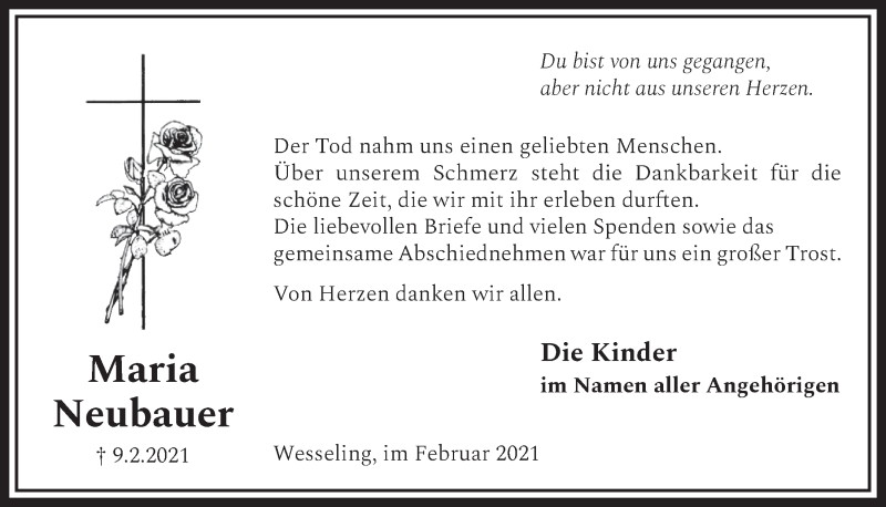  Traueranzeige für Maria Neubauer vom 26.02.2021 aus  Schlossbote/Werbekurier 