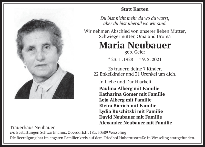  Traueranzeige für Maria Neubauer vom 19.02.2021 aus  Schlossbote/Werbekurier 