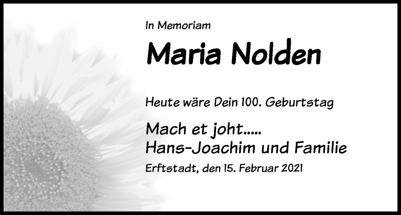  Traueranzeige für Maria Nolden vom 15.02.2021 aus Kölner Stadt-Anzeiger / Kölnische Rundschau / Express