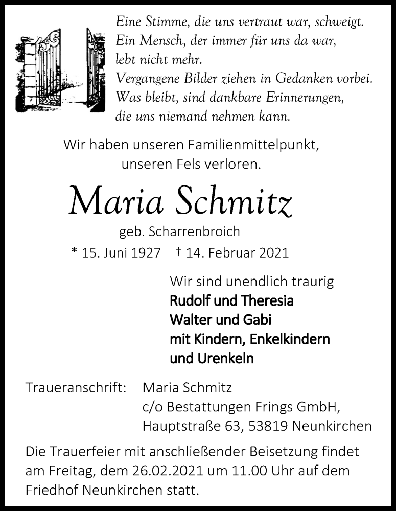  Traueranzeige für Maria Schmitz vom 20.02.2021 aus Kölner Stadt-Anzeiger / Kölnische Rundschau / Express