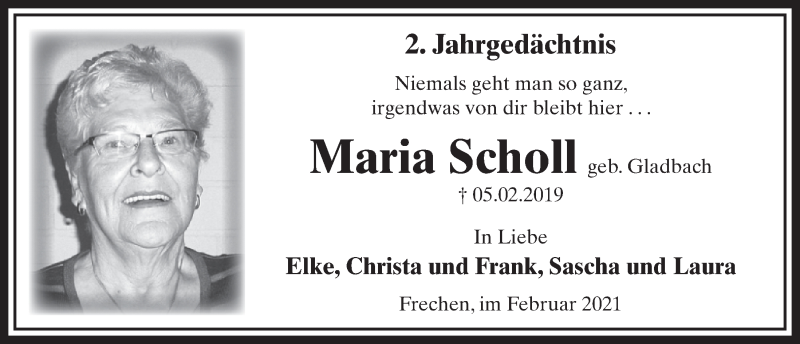  Traueranzeige für Maria Scholl vom 05.02.2021 aus  Wochenende 
