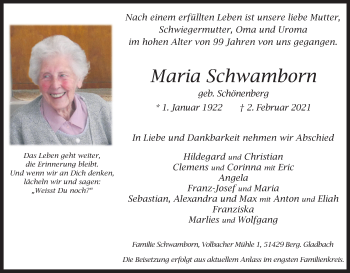 Anzeige von Maria Schwamborn von Kölner Stadt-Anzeiger / Kölnische Rundschau / Express