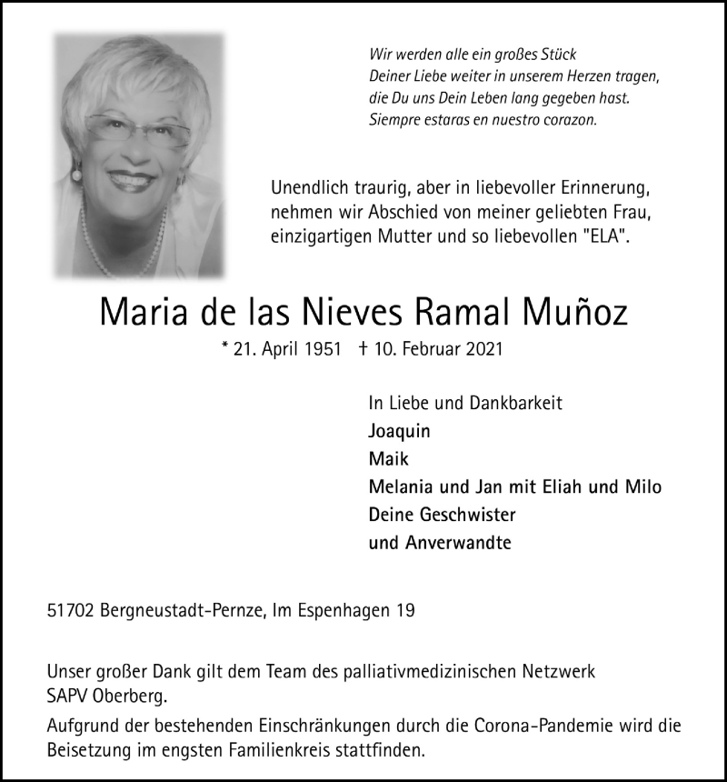  Traueranzeige für Maria de las Nieves Ramal Munoz vom 19.02.2021 aus  Anzeigen Echo 