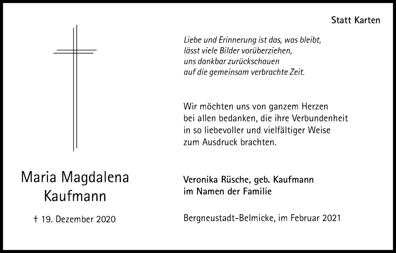  Traueranzeige für Maria Magdalena Kaufmann vom 20.02.2021 aus Kölner Stadt-Anzeiger / Kölnische Rundschau / Express