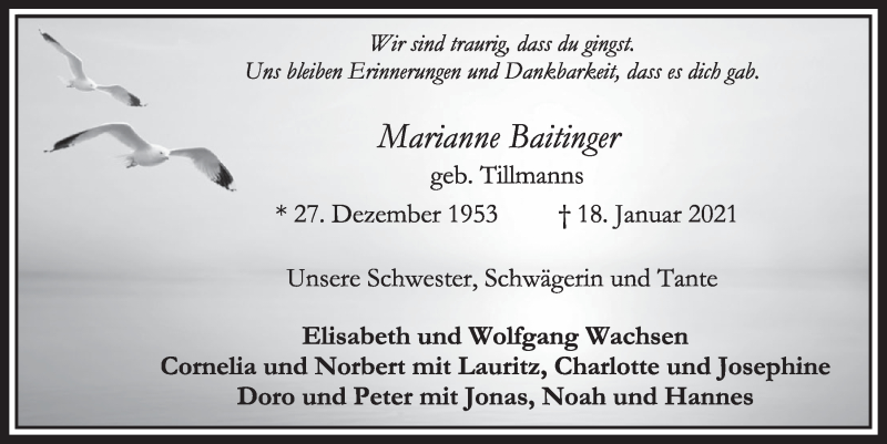  Traueranzeige für Marianne Baitinger vom 05.02.2021 aus  Werbepost 