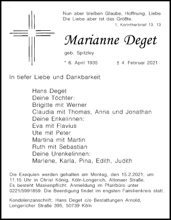 Anzeige von Marianne Deget von Kölner Stadt-Anzeiger / Kölnische Rundschau / Express