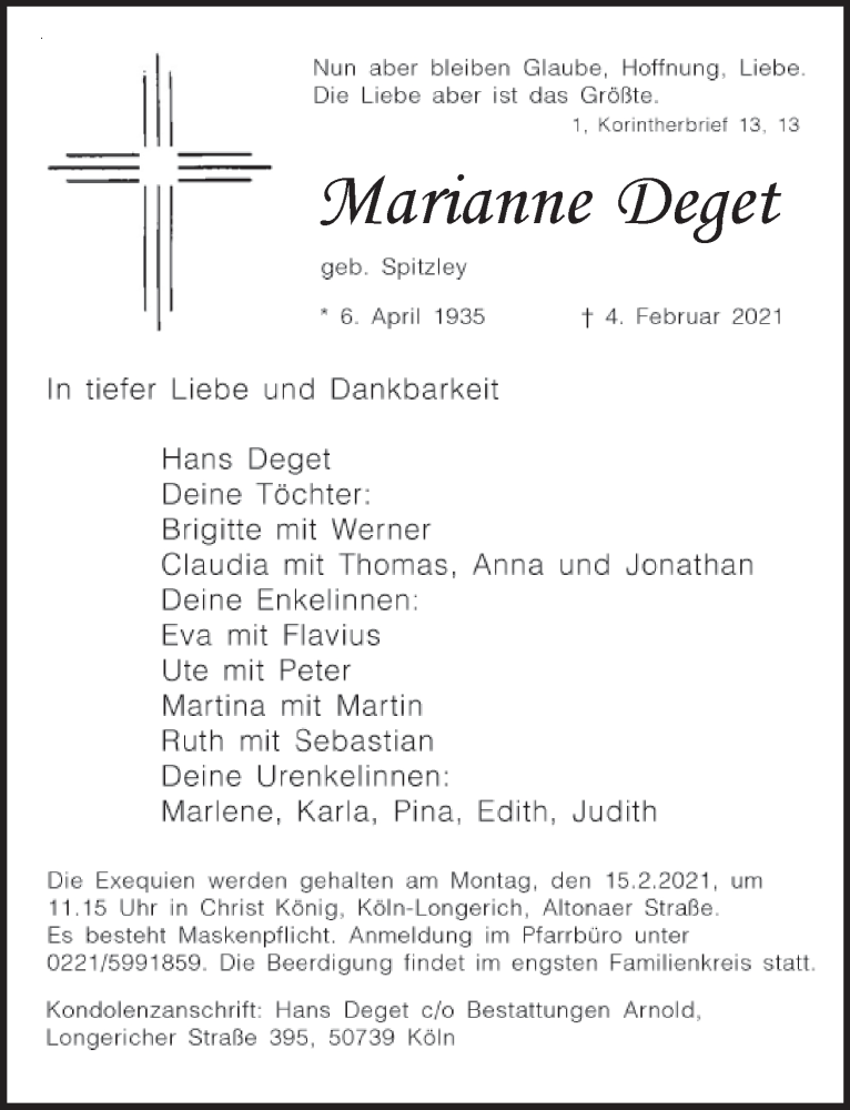  Traueranzeige für Marianne Deget vom 12.02.2021 aus  Kölner Wochenspiegel 