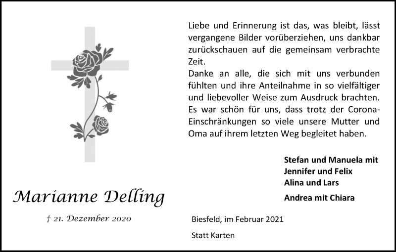  Traueranzeige für Marianne Delling vom 06.02.2021 aus Kölner Stadt-Anzeiger / Kölnische Rundschau / Express