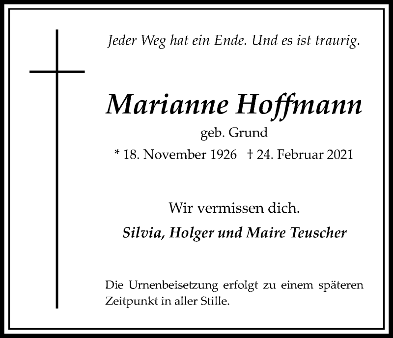  Traueranzeige für Marianne Hoffmann vom 27.02.2021 aus Kölner Stadt-Anzeiger / Kölnische Rundschau / Express