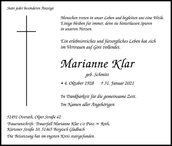 Anzeige von Marianne Klar von Kölner Stadt-Anzeiger / Kölnische Rundschau / Express