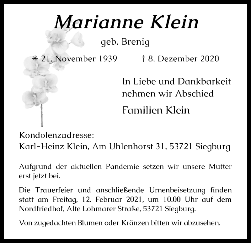  Traueranzeige für Marianne Klein vom 06.02.2021 aus Kölner Stadt-Anzeiger / Kölnische Rundschau / Express