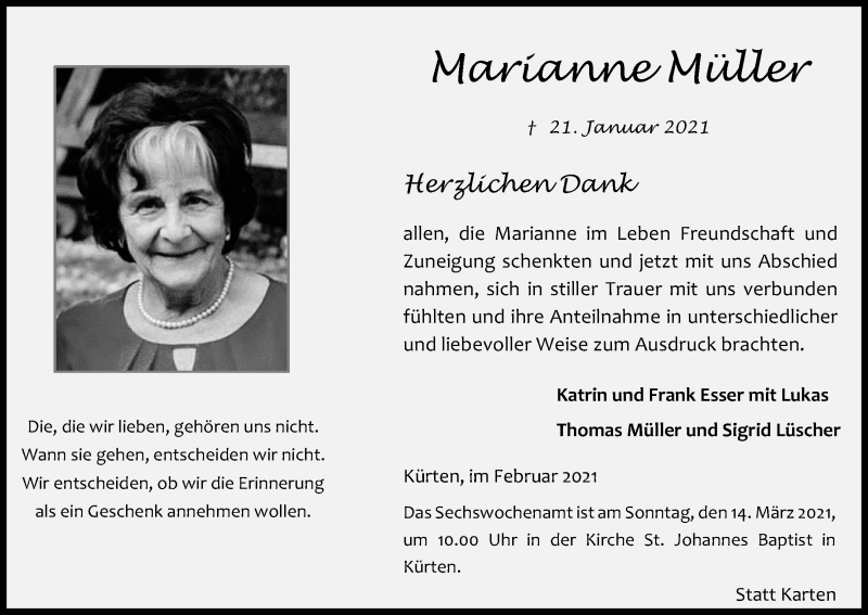  Traueranzeige für Marianne Müller vom 27.02.2021 aus Kölner Stadt-Anzeiger / Kölnische Rundschau / Express
