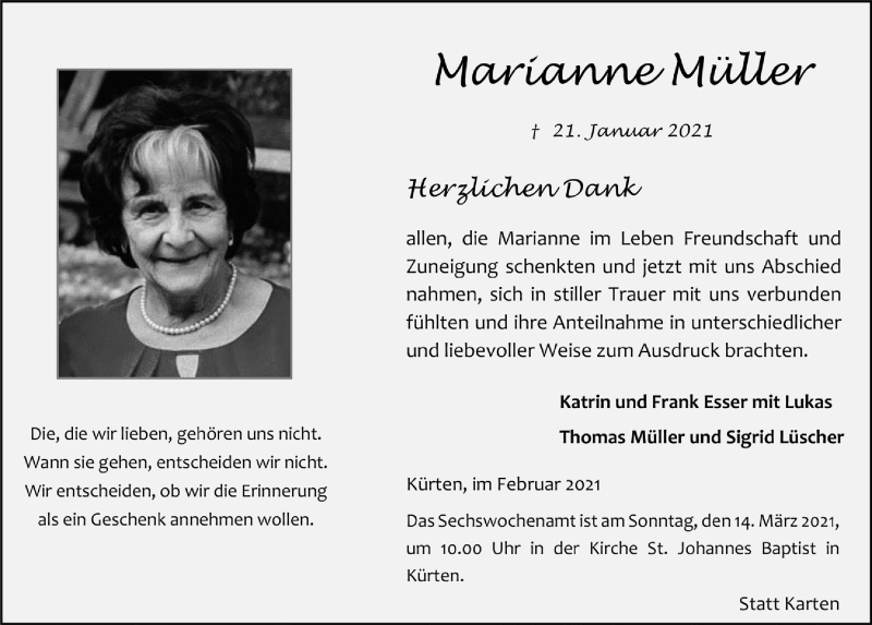  Traueranzeige für Marianne Müller vom 26.02.2021 aus  Bergisches Handelsblatt 