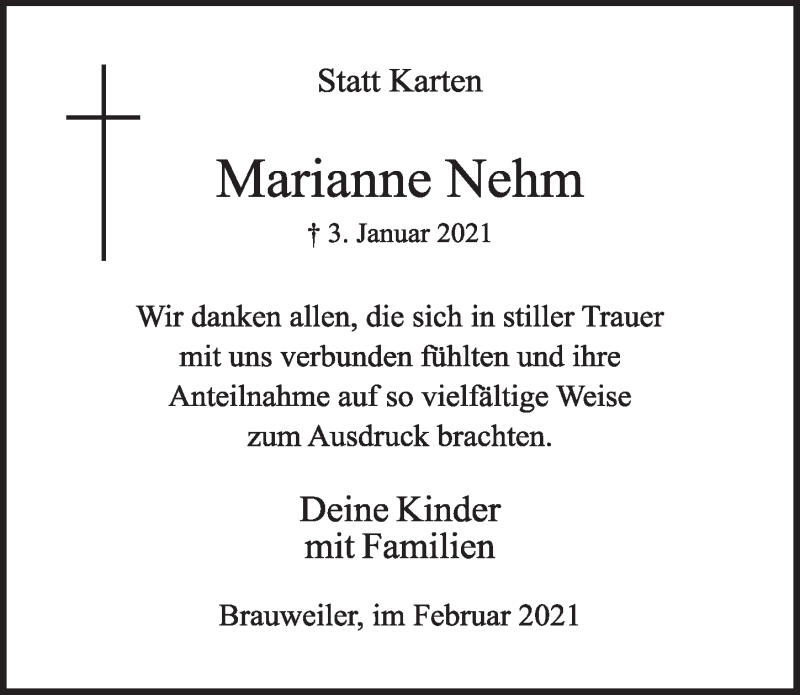  Traueranzeige für Marianne Nehm vom 05.02.2021 aus  Wochenende 