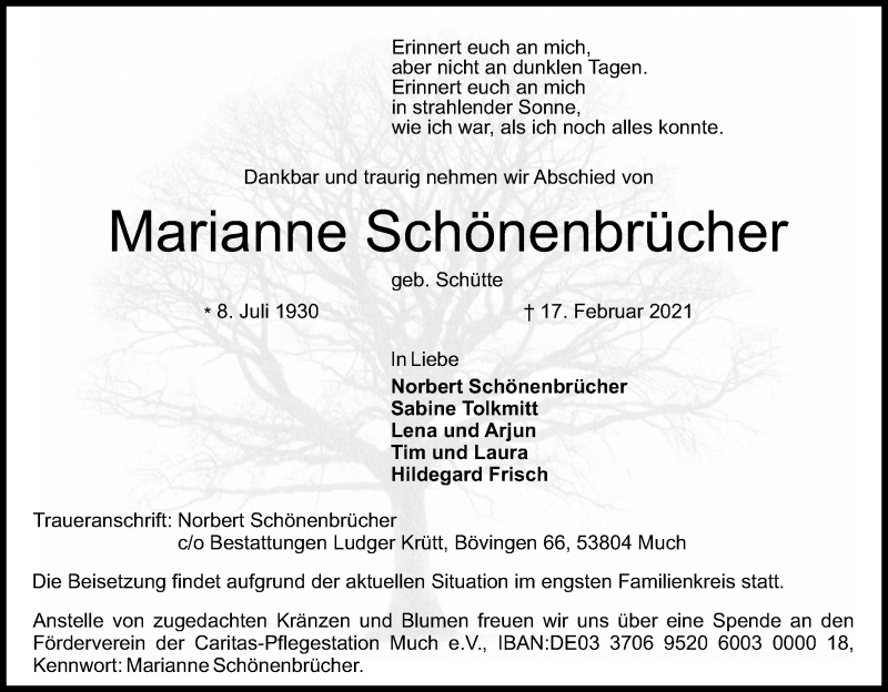  Traueranzeige für Marianne Schönenbrücher vom 20.02.2021 aus Kölner Stadt-Anzeiger / Kölnische Rundschau / Express