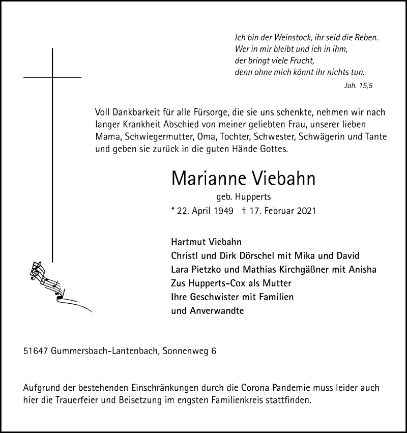  Traueranzeige für Marianne Viebahn vom 20.02.2021 aus Kölner Stadt-Anzeiger / Kölnische Rundschau / Express