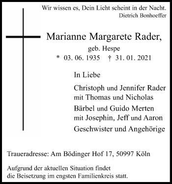 Anzeige von Marianne Margarete Rader von Kölner Stadt-Anzeiger / Kölnische Rundschau / Express