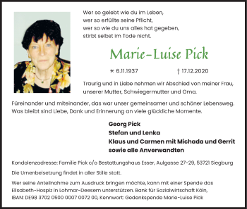 Anzeige von Marie-Luise Pick von Kölner Stadt-Anzeiger / Kölnische Rundschau / Express