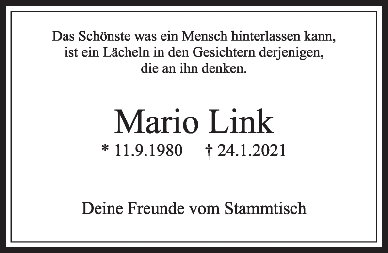  Traueranzeige für Mario Link vom 05.02.2021 aus  Werbepost 