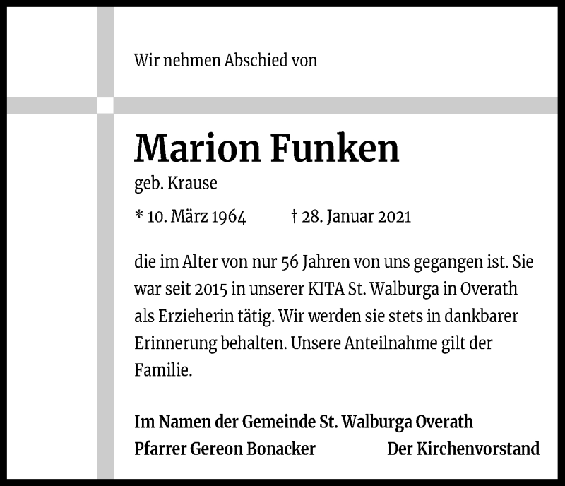  Traueranzeige für Marion Funken vom 13.02.2021 aus Kölner Stadt-Anzeiger / Kölnische Rundschau / Express