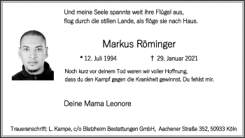 Anzeige von Markus Röminger von Kölner Stadt-Anzeiger / Kölnische Rundschau / Express