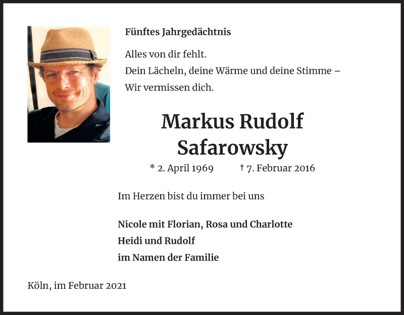  Traueranzeige für Markus Rudolf Safarowsky vom 06.02.2021 aus Kölner Stadt-Anzeiger / Kölnische Rundschau / Express