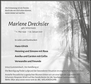 Anzeige von Marlene Drechsler von  Anzeigen Echo 
