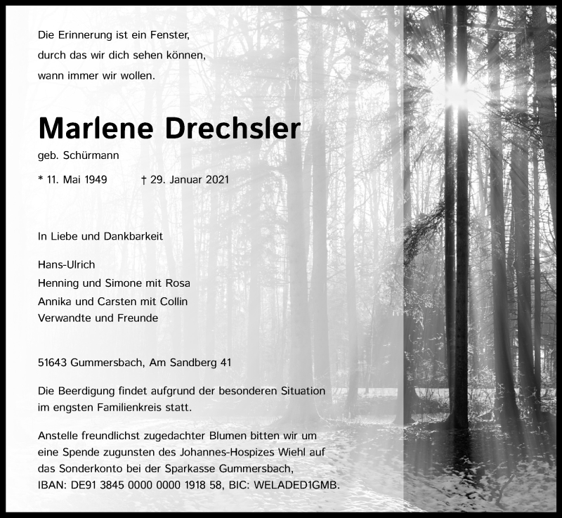  Traueranzeige für Marlene Drechsler vom 06.02.2021 aus Kölner Stadt-Anzeiger / Kölnische Rundschau / Express