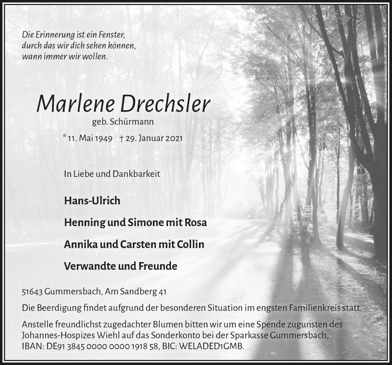  Traueranzeige für Marlene Drechsler vom 05.02.2021 aus  Anzeigen Echo 
