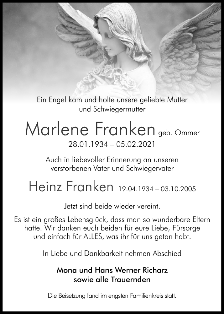  Traueranzeige für Marlene Franken vom 13.02.2021 aus Kölner Stadt-Anzeiger / Kölnische Rundschau / Express