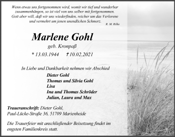 Anzeige von Marlene Gohl von Kölner Stadt-Anzeiger / Kölnische Rundschau / Express