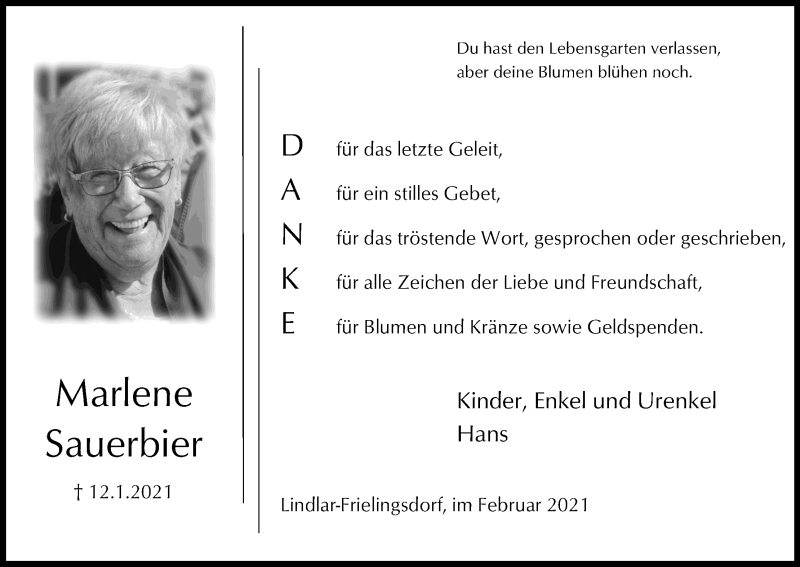  Traueranzeige für Marlene Sauerbier vom 13.02.2021 aus Kölner Stadt-Anzeiger / Kölnische Rundschau / Express