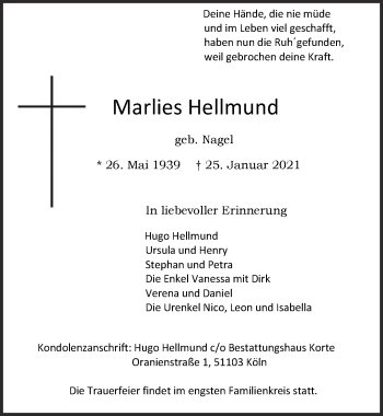 Anzeige von Marlies Hellmund von  Kölner Wochenspiegel 