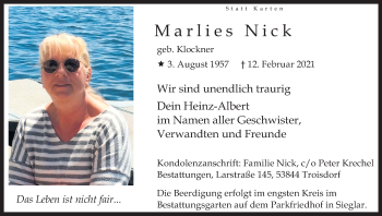 Anzeige von Marlies Nick von Kölner Stadt-Anzeiger / Kölnische Rundschau / Express