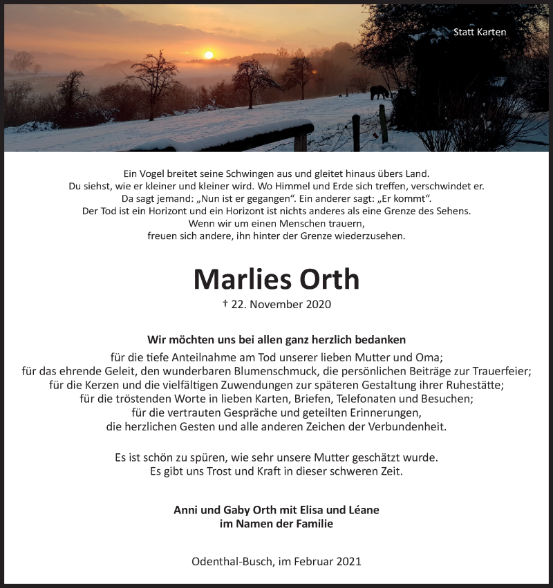  Traueranzeige für Marlies Orth vom 13.02.2021 aus Kölner Stadt-Anzeiger / Kölnische Rundschau / Express