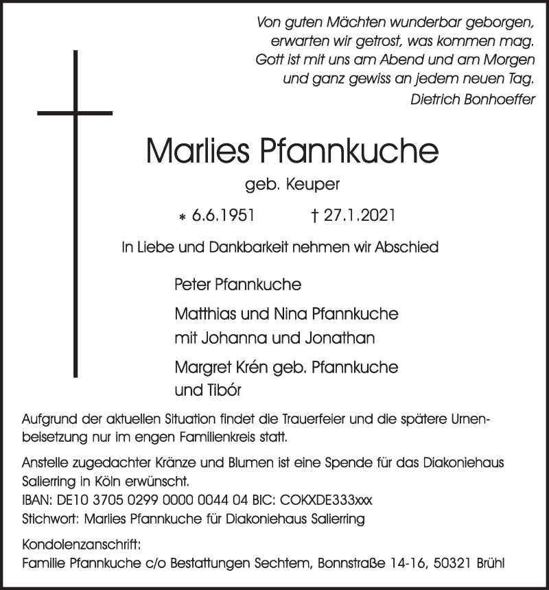  Traueranzeige für Marlies Pfannkuche vom 05.02.2021 aus  Schlossbote/Werbekurier 