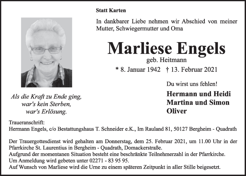  Traueranzeige für Marliese Engels vom 19.02.2021 aus  Werbepost 