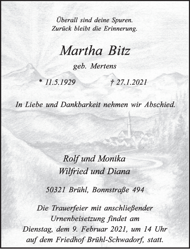  Traueranzeige für Martha Bitz vom 05.02.2021 aus  Schlossbote/Werbekurier 