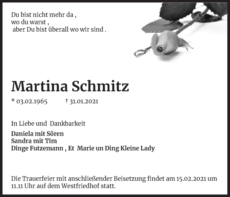  Traueranzeige für Martina Schmitz vom 08.02.2021 aus Kölner Stadt-Anzeiger / Kölnische Rundschau / Express