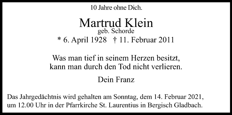  Traueranzeige für Martrud Klein vom 06.02.2021 aus Kölner Stadt-Anzeiger / Kölnische Rundschau / Express